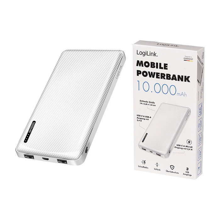 LogiLink Power Bank 10000mAh con 1x USB-C y 2x USB-A, Blanco