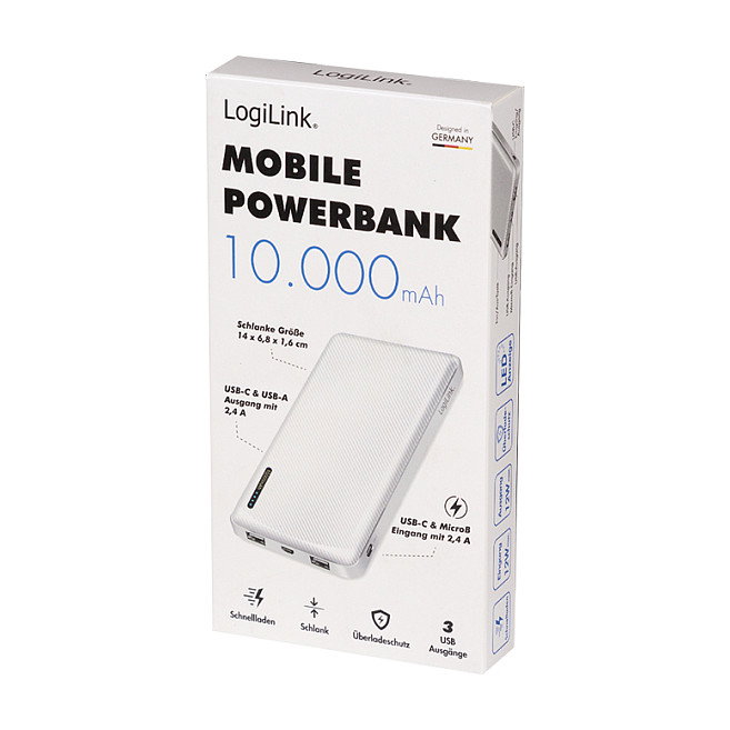 LogiLink Power Bank 10000mAh con 1x USB-C y 2x USB-A, Blanco