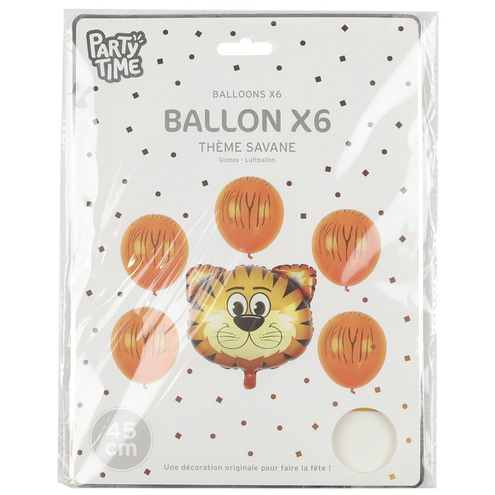Party Time Juego De 6 Globos Sabana Cebra Tigre Diámetro 45 cm