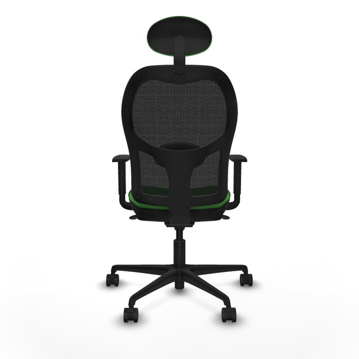 Silla de oficina Jorquera con mecanismo Sincro tapizada con Tela color Verde y malla color Negro. Equipada con lumbar 1D, Brazos 1D, Cabecero Fijo y Ruedas 65mm nailon