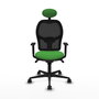 Silla de oficina Jorquera con mecanismo Sincro tapizada con Tela color Verde y malla color Negro. Equipada con lumbar 1D, Brazos 1D, Cabecero Fijo y Ruedas 65mm nailon