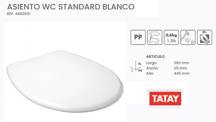 TATAY Tapa Asiento WC Blanco Universal 37x45 cm TATAY Tapa Asiento WC Blanco Universal 37x45 cm