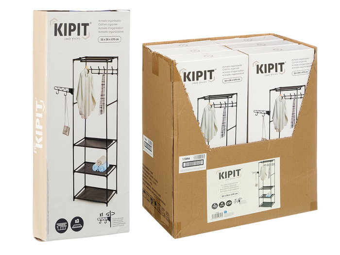 Kipit Armario Organizador Percha Metal y Tela Negro 51x2.5x7 cm con 6 Estantes y 1 Percha Adicional (Set de 6)