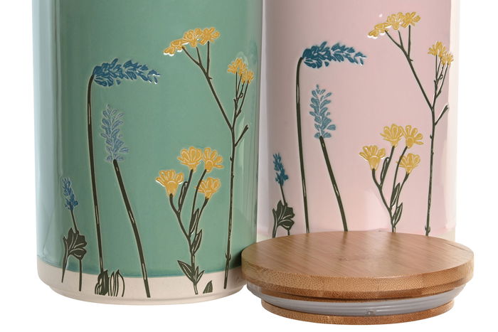 DKD Home Decor Bote Shabby Gres Bambú Verde Rosa 11.5 x 17.5 x 11.5 cm (2 Unidades)