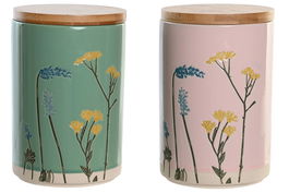 DKD Home Decor Bote Shabby Gres Bambú Verde Rosa 11.5 x 17.5 x 11.5 cm (2 Unidades)