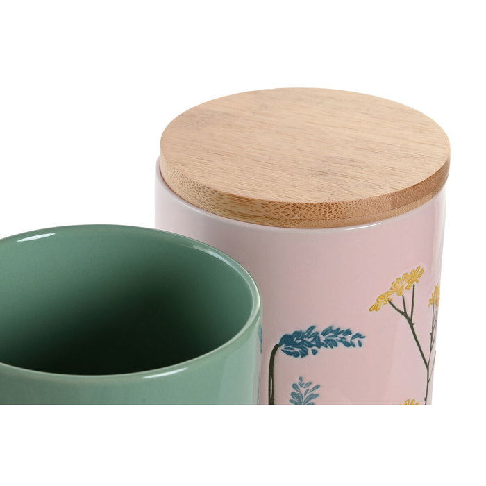 DKD Home Decor Surtido de 2 Botes de Gres y Bambú Floral