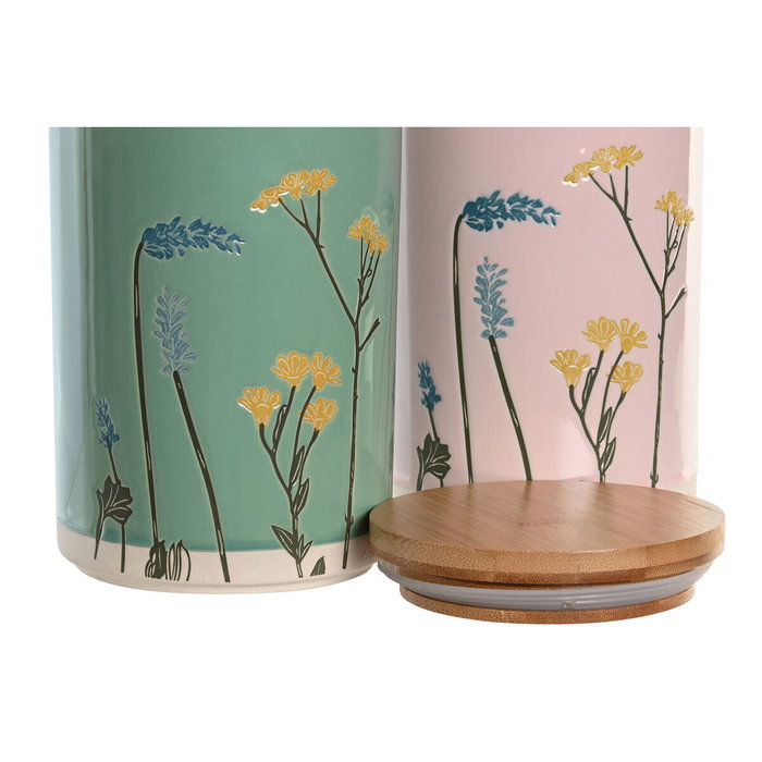 DKD Home Decor Surtido de 2 Botes de Gres y Bambú Floral