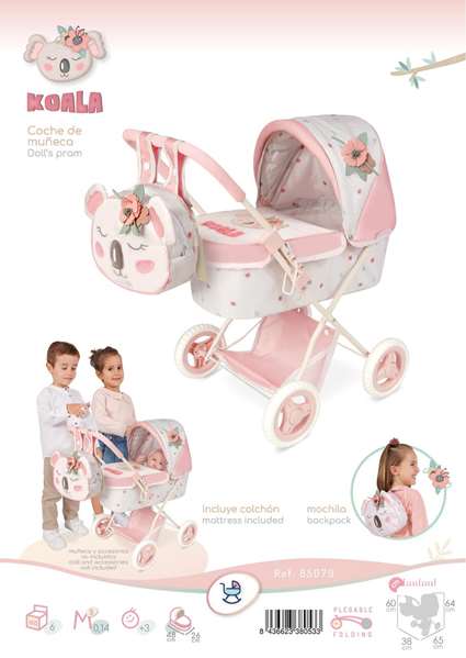 Decuevas Coche de Muñeca Plegable Koala con Mochila para Muñecas de hasta 48 cm. 38x65x60 cm