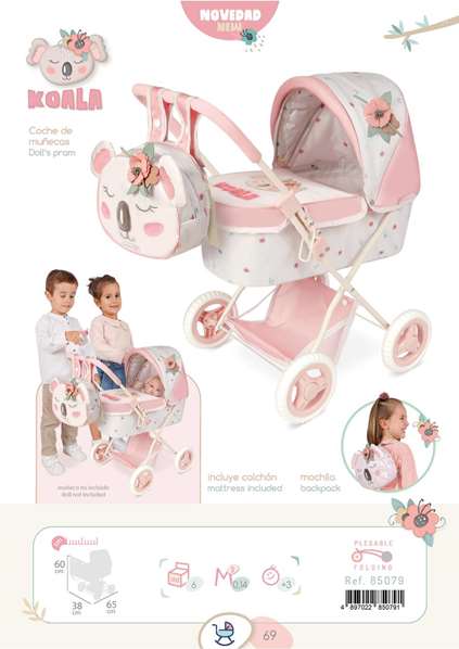 Decuevas Coche de Muñeca Plegable Koala con Mochila para Muñecas de hasta 48 cm. 38x65x60 cm