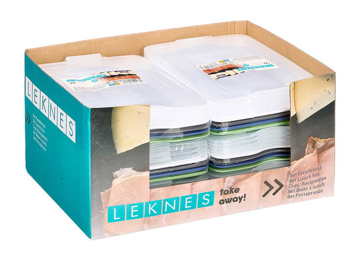 Leknes Set de 4 Fiambreras Herméticas 1.2L, Surtido Colores (Azul, Blanco, Negro, Verde), 25x17x6 cm, Apto Lavavajillas y Frigorífico (Set de 12)