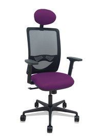 Silla de oficina Zulema con mecanismo Sincro tapizada con Tela color Morado y malla color Negro. Equipada con lumbar 1D, Brazos 2D, Cabecero Fijo y Ruedas 65mm nailon