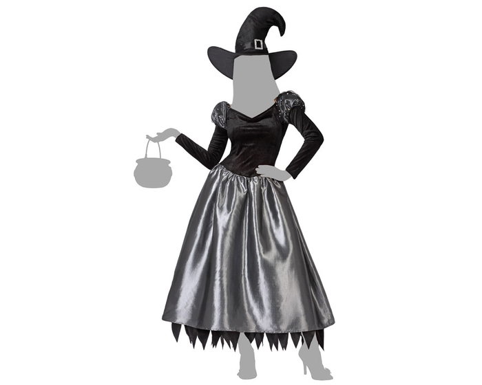 Disfraz de Bruja Halloween Mujer Adulto Plateada con Vestido Largo y Sombrero
