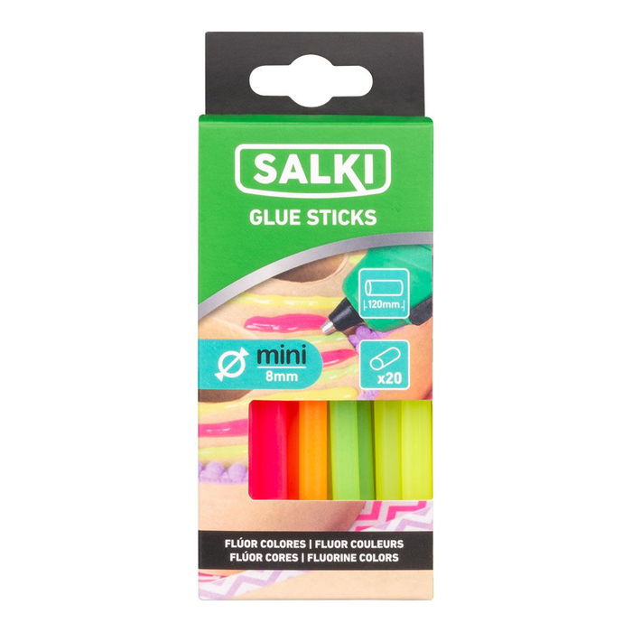 Salki 20430106 Barras de Cola Termofusible para Decoración, Ø8 x 120 mm, Blíster 20 uds, Colores Flúor