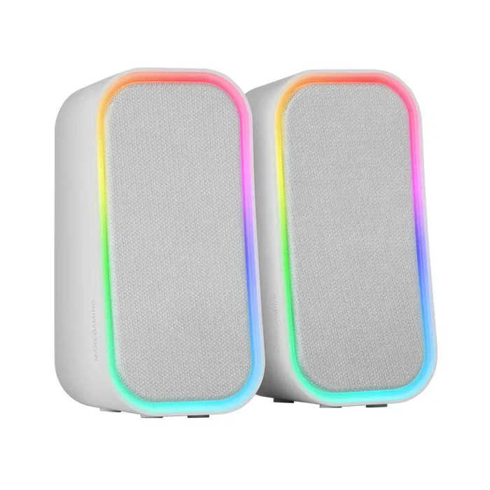 Mars Gaming Altavoces MS-OM Gaming PC 20W, Bluetooth 5.3 y AUX-IN, Iluminación RGB Dinámica, Color Blanco, Sistema 2.0, Con Caja de Control y Cable USB, Para Juegos y Música