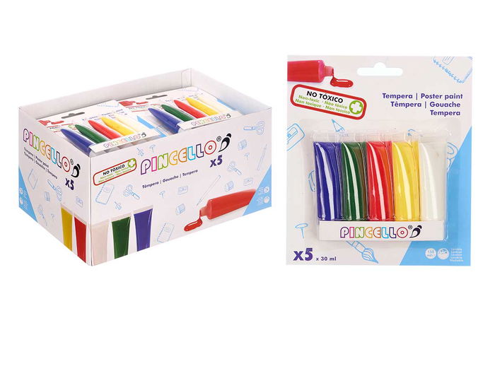 Pincello Juego 5 Temperas 30 ml Cada Una, Colores Surtidos, No Tóxico, Dimensiones 18 x 20.5 x 3 cm (Set de 36)