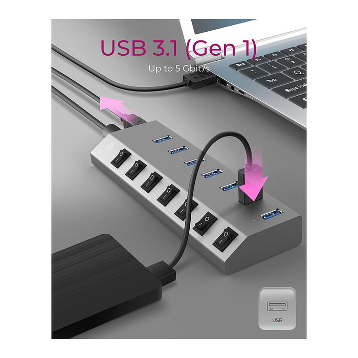 ICY BOX IB-HUB1701-C3 Hub USB 3.0 de 7 Puertos con Alimentación Externa, Interruptores Individuales, Aluminio Antracita, Velocidad 5 Gbps
