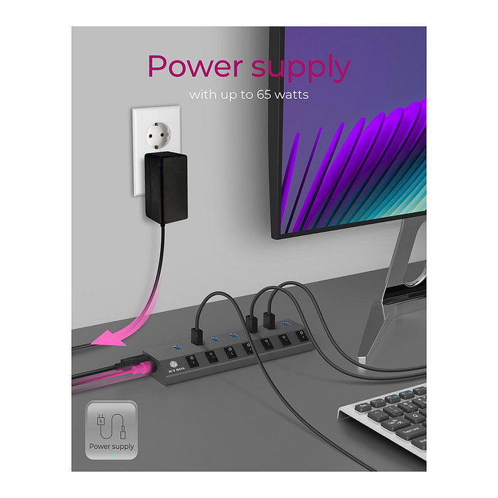 ICY BOX IB-HUB1701-C3 Hub USB 3.0 de 7 Puertos con Alimentación Externa, Interruptores Individuales, Aluminio Antracita, Velocidad 5 Gbps