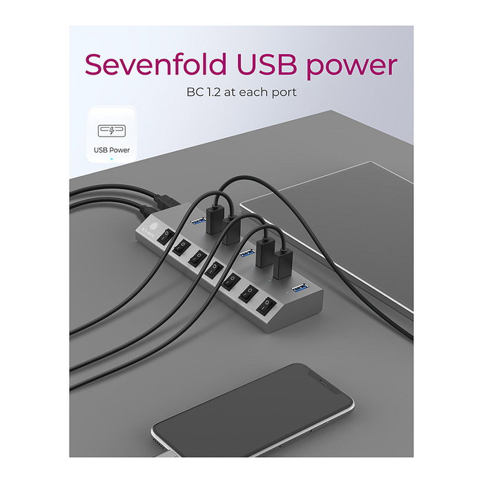 ICY BOX IB-HUB1701-C3 Hub USB 3.0 de 7 Puertos con Alimentación Externa, Interruptores Individuales, Aluminio Antracita, Velocidad 5 Gbps