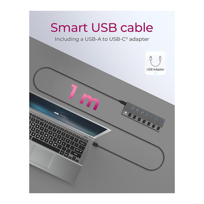 ICY BOX IB-HUB1701-C3 Hub USB 3.0 de 7 Puertos con Alimentación Externa, Interruptores Individuales, Aluminio Antracita, Velocidad 5 Gbps