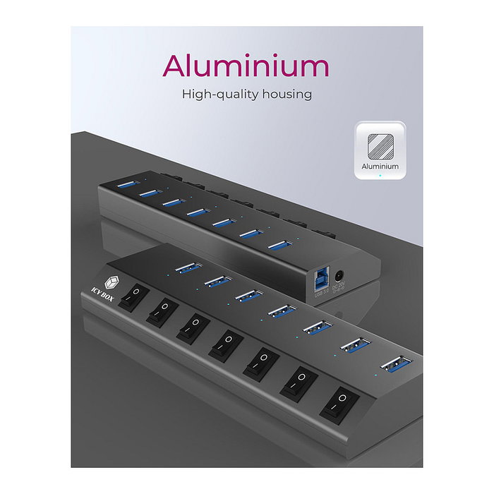 ICY BOX IB-HUB1701-C3 Hub USB 3.0 de 7 Puertos con Alimentación Externa, Interruptores Individuales, Aluminio Antracita, Velocidad 5 Gbps