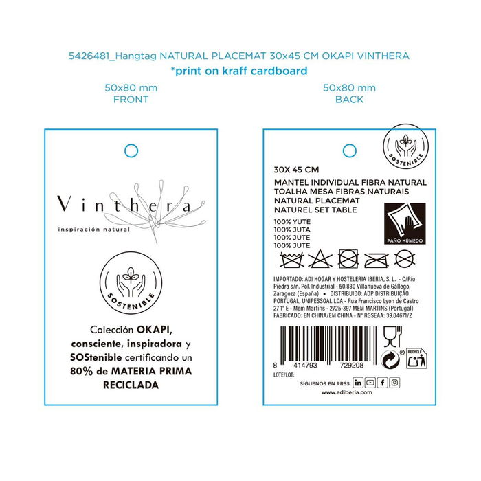 Mantel Individual Yute Okapi Vinthera 30x45 cm (12 Unidades)