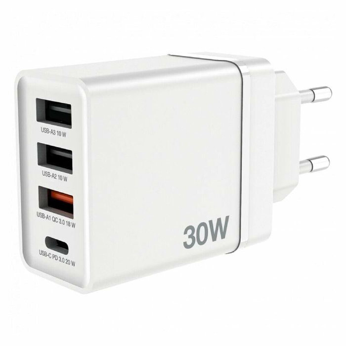 Verbatim Cargador de Pared 30W con 4 Puertos (1x USB-C y 3x USB-A) Blanco Verbatim Cargador de Pared 30W con 4 Puertos (1x USB-C y 3x USB-A) Blanco