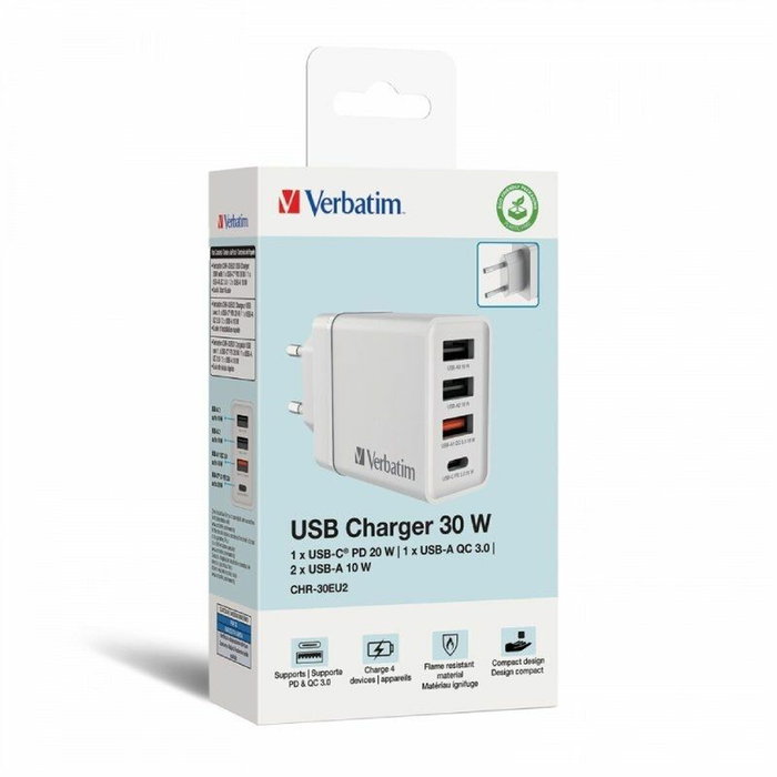 Verbatim Cargador de Pared 30W con 4 Puertos (1x USB-C y 3x USB-A) Blanco Verbatim Cargador de Pared 30W con 4 Puertos (1x USB-C y 3x USB-A) Blanco