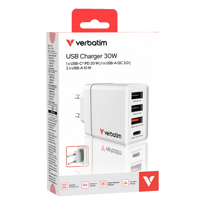 Verbatim Cargador de Pared 30W con 4 Puertos (1x USB-C y 3x USB-A) Blanco Verbatim Cargador de Pared 30W con 4 Puertos (1x USB-C y 3x USB-A) Blanco