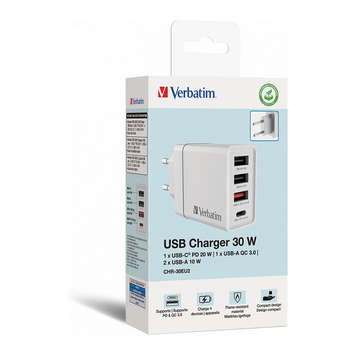 Verbatim Cargador de Pared 30W con 4 Puertos (1x USB-C y 3x USB-A) Blanco Verbatim Cargador de Pared 30W con 4 Puertos (1x USB-C y 3x USB-A) Blanco