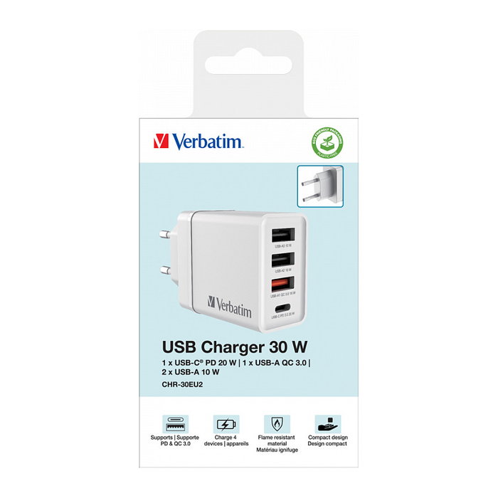 Verbatim Cargador de Pared 30W con 4 Puertos (1x USB-C y 3x USB-A) Blanco Verbatim Cargador de Pared 30W con 4 Puertos (1x USB-C y 3x USB-A) Blanco