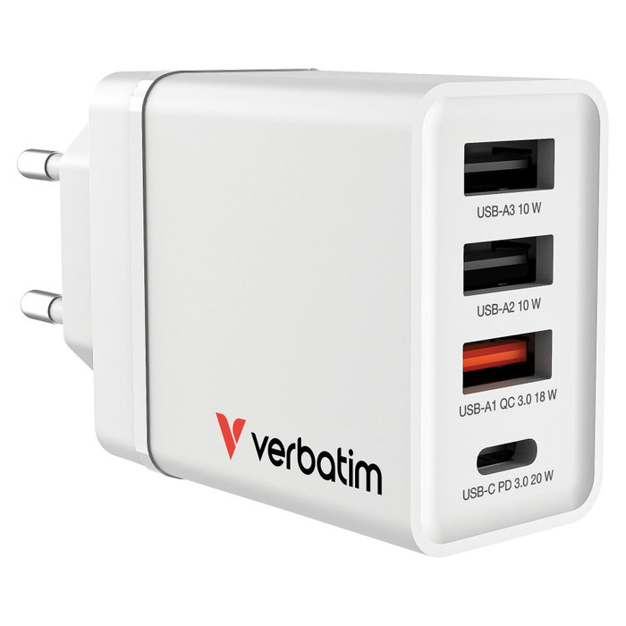 Verbatim Cargador de Pared 30W con 4 Puertos (1x USB-C y 3x USB-A) Blanco Verbatim Cargador de Pared 30W con 4 Puertos (1x USB-C y 3x USB-A) Blanco