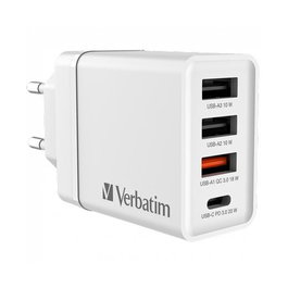 Verbatim Cargador de Pared 30W GaN con 1x USB-C PD y 3x USB-A, Carga Rápida para Múltiples Dispositivos