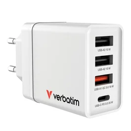 Verbatim Cargador de Pared 30 W con 4 Puertos (1x USB-C PD, 3x USB-A) Blanco