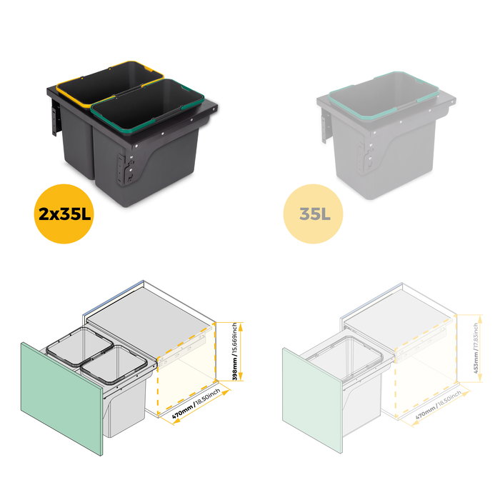 Emuca Contenedor de reciclaje para fijación lateral en mueble de cocina Recycle 2x24litros, Acero, Plástico gris antracita