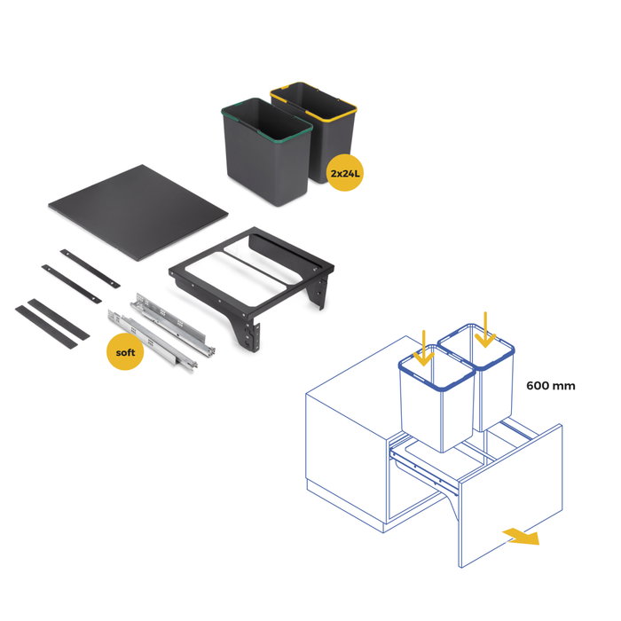 Emuca Contenedor de reciclaje para fijación lateral en mueble de cocina Recycle 2x24litros, Acero, Plástico gris antracita Emuca Contenedor de reciclaje para fijación lateral en mueble de cocina Recycle 2x24litros, Acero, Plástico gris antracita