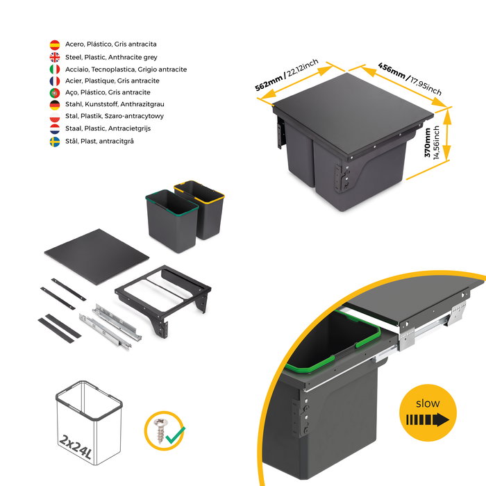 Emuca Contenedor de reciclaje para fijación lateral en mueble de cocina Recycle 2x24litros, Acero, Plástico gris antracita