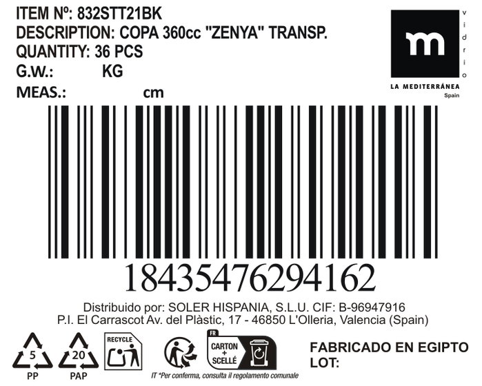 La Mediterranea Copa Zenya 360cc Transparente, Pack de 24 unidades