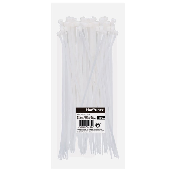 Hantums Bolsa de 100 Bridas de Nylon 430x4.8mm Natural Hantums Bolsa de 100 Bridas de Nylon 430x4.8mm Natural