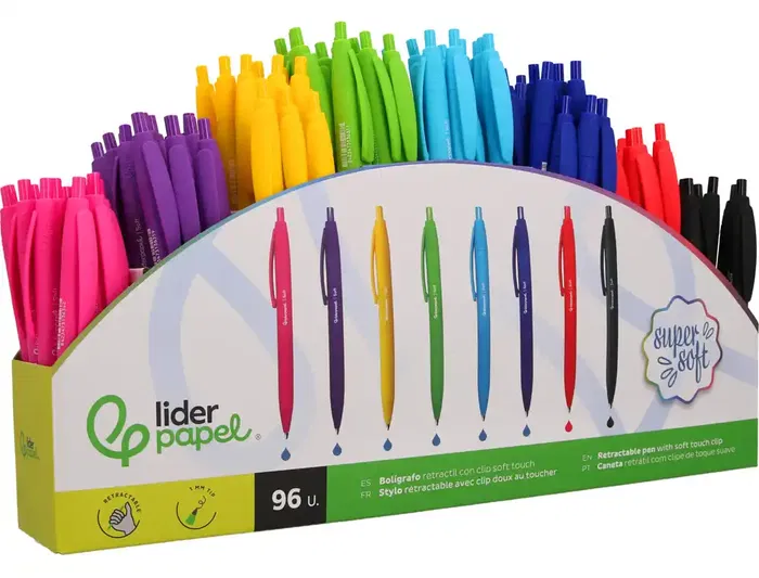 Liderpapel Boligrafo Retractil Soft Touch Punta 1 mm - Expositor de 96 Unidades Surtidas, 12 de Cada Color (Azul, Negro, Rojo y Más)