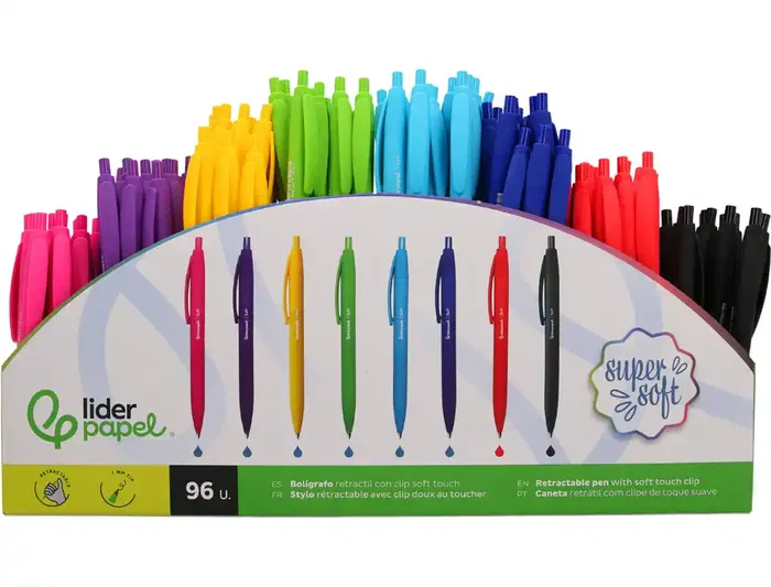 Liderpapel Boligrafo Retractil Soft Touch Punta 1 mm - Expositor de 96 Unidades Surtidas, 12 de Cada Color (Azul, Negro, Rojo y Más)