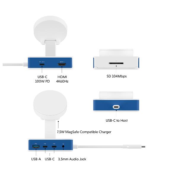 Targus Hub HD8100BUGL USB Tipo C 7 Puertos con HDMI 4K 60Hz, Power Delivery 100W y Carga Inalámbrica MagSafe 7.5W