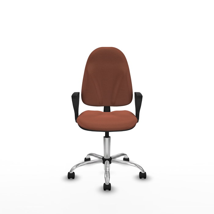 Silla de oficina Algarra con mecanismo Contacto permanente básico tapizada con Tela color Marrón. Equipada con Base cromada, Brazos fijos y Ruedas de nailon 50 mm