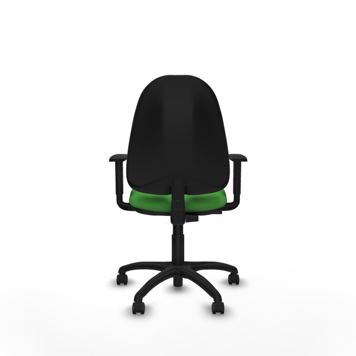Silla de oficina Algarra con mecanismo Contacto permanente básico tapizada con Tela color Verde. Equipada con Base poliamida negra, Brazos 1D y Ruedas de parqué