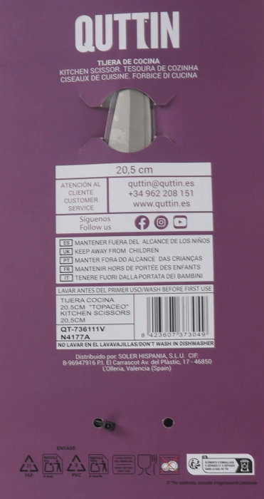 Quttin Tijera de Cocina Topaceo Modelo 108 - Tijeras Profesionales para Cocina, Dimensiones: 26.3 cm de Largo, 11.5 cm de Ancho (18 Unidades) Quttin Tijera de Cocina Topaceo Modelo 108 - Tijeras Profesionales para Cocina, Dimensiones: 26.3 cm de Largo, 11.5 cm de Ancho (18 Unidades)