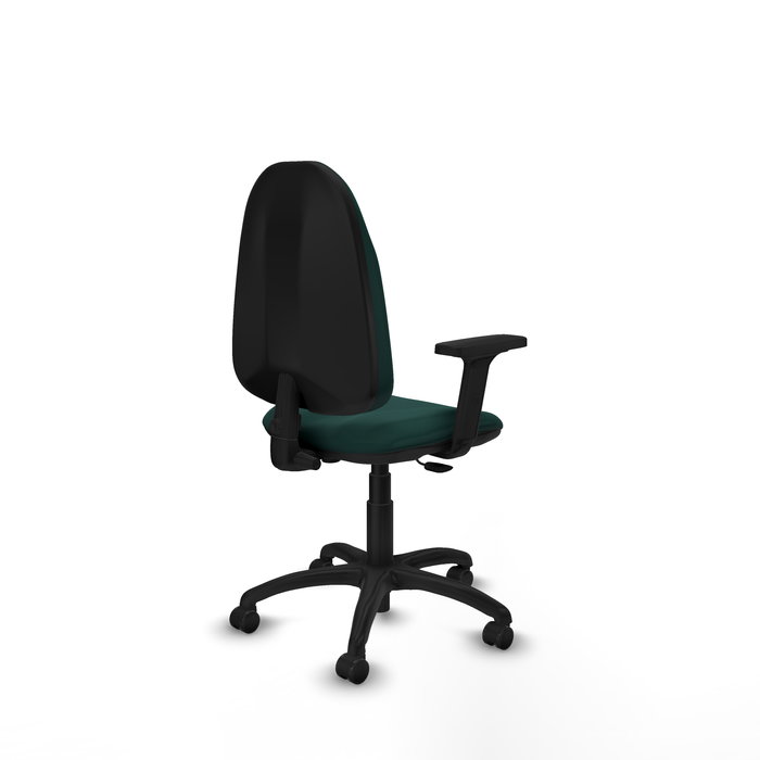 Silla de oficina Algarra con mecanismo Contacto permanente básico tapizada con Similpiel color Verde botella. Equipada con Base poliamida negra, Brazos 2D y Ruedas autofrenantes
