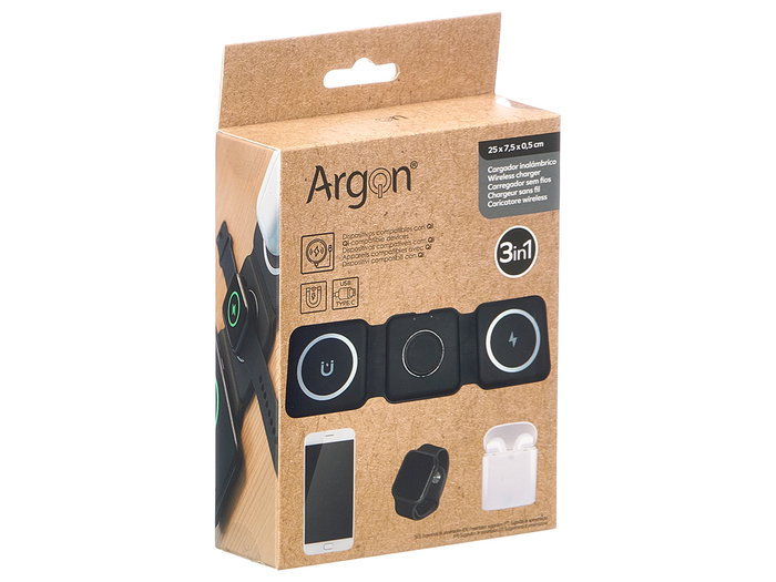 Argon Cargador Inalambrico 3 en 1 Negro 8.5x2.5x7.5cm (Set de 8)