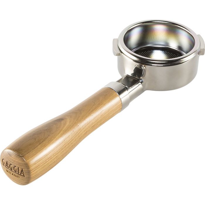 Gaggia Portafiltro sin fondo de acero inoxidable con mango de madera de fresno Gaggia Portafiltro sin fondo de acero inoxidable con mango de madera de fresno