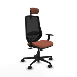 Silla de oficina Mardos con mecanismo Sincro tapizada con Tela color Marrón y malla color Negro. Equipada con lumbar 1D, Brazos 1D, Cabecero 2D y Ruedas 65mm nailon