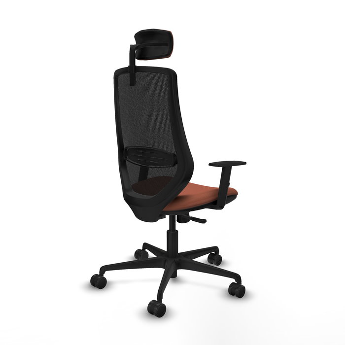 Silla de oficina Mardos con mecanismo Sincro tapizada con Tela color Marrón y malla color Negro. Equipada con lumbar 1D, Brazos 1D, Cabecero 2D y Ruedas 65mm nailon