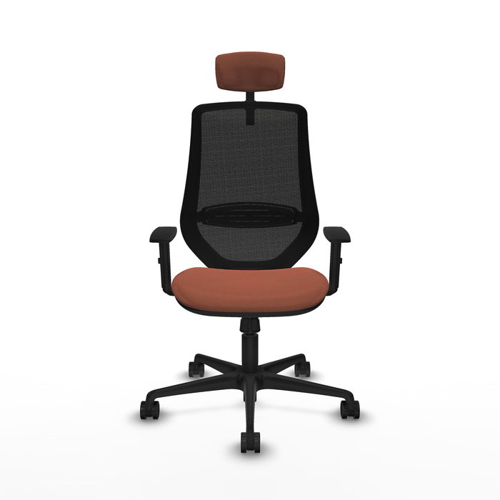 Silla de oficina Mardos con mecanismo Sincro tapizada con Tela color Marrón y malla color Negro. Equipada con lumbar 1D, Brazos 1D, Cabecero 2D y Ruedas 65mm nailon
